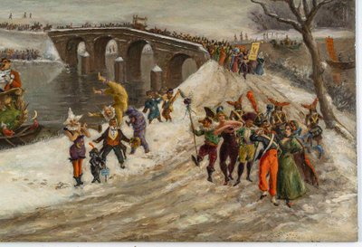 North European School Mardi Gras Oil on Copper 19th Century