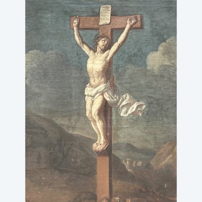 Charles Le Brun (1619-1690) Entourage De - Christ En Croix - Crucifixion Huile Sur Toile 