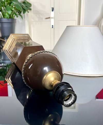 Lampada vintage anni '80 di grande formato - metallo smaltato - paralume in tessuto