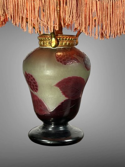 SIGNED D'ARGENTAL GLASS LAMP WITH RASPBERRY DECOR, ART DECO PERIOD