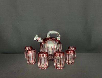 Red Lined Crystal Liqueur Service (Attributed to St Louis)