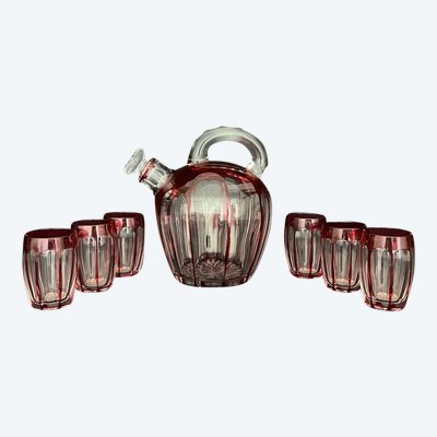 Red Lined Crystal Liqueur Service (Attributed to St Louis)