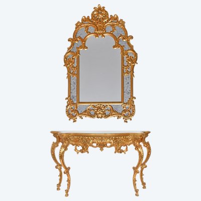 Console avec miroir en bois doré 