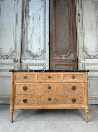 Louis XVI style chest of drawers with black marble top