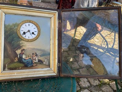 Swiss Clock Painting Circa 1840 with Decor of a Shepherdess