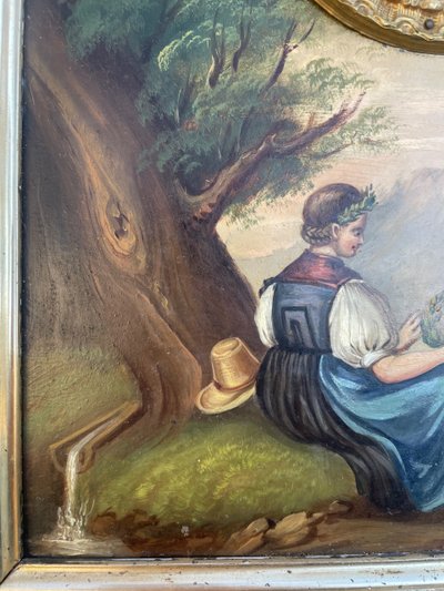 Swiss Clock Painting Circa 1840 with Decor of a Shepherdess