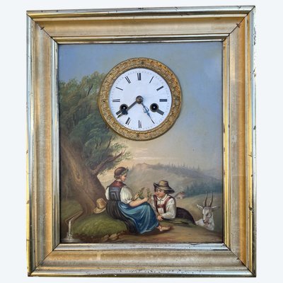 Swiss Clock Painting Circa 1840 with Decor of a Shepherdess