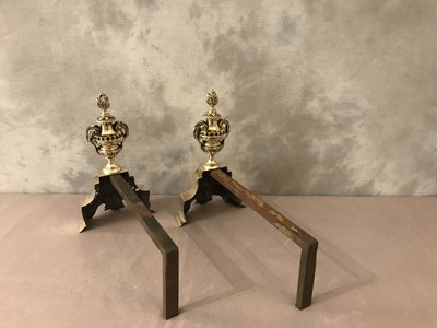 Pair of antique bronze andirons from the 19th century in Louis XV / Louis XVI style