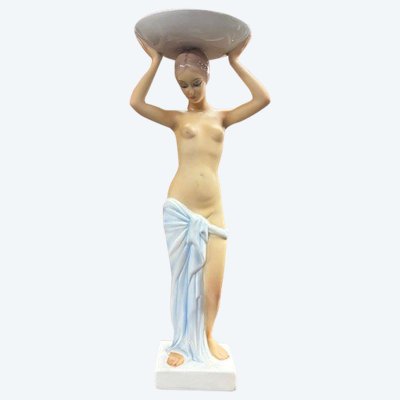 Antica scultura ceramica  “Donna portatrice “ Ronzan  anni 40 . H 54 . Art decò 