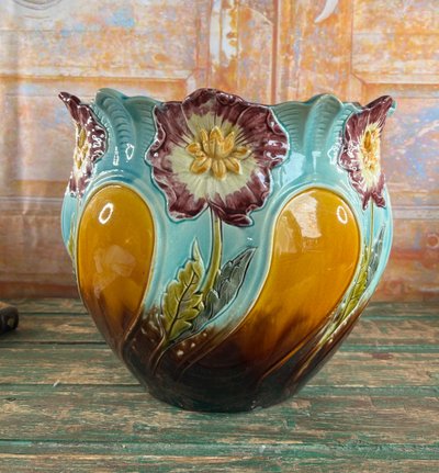 Grande vaso di fiori Barbotine – Art Nouveau – Fabbrica di Onnaing, Francia