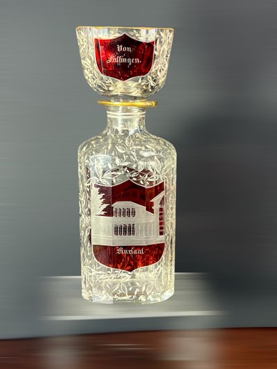 BOHEMIAN GLASS BOTTLE AND ITS CUP VON KÜLLINGEN 1808 20 CM HIGH