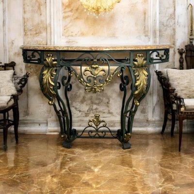 CONSOLE EN FER FORGÉ A DÉCOR DE FEUILLAGES AVEC DESSUS MARBRE ÉPOQUE ART DECO