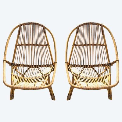 Pair of rattan armchairs with armrests from the 60s and 70s