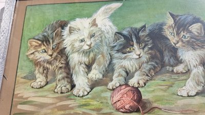 Painting engraving by Fannie Moody cats playing with ball of wool 20th century