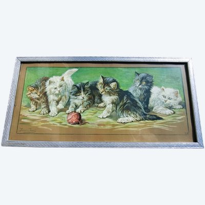 Painting engraving by Fannie Moody cats playing with ball of wool 20th century