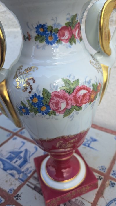 French Pilllivuyt vase marked porcelain swan head handles hand painted