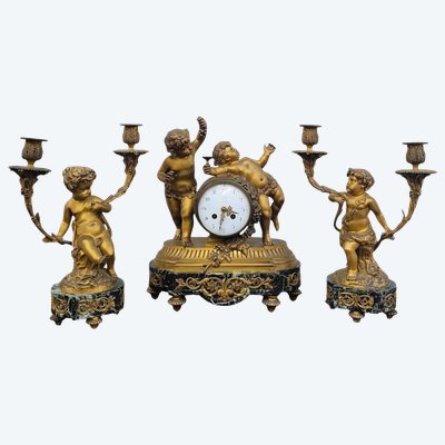 Clodion, Gilt Bronze Fireplace Set, 19th Century