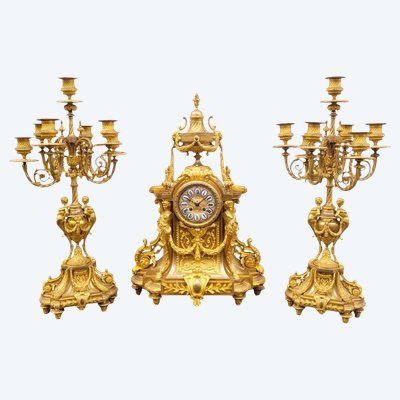 Set da camino in bronzo dorato, Napoleone III, XIX secolo