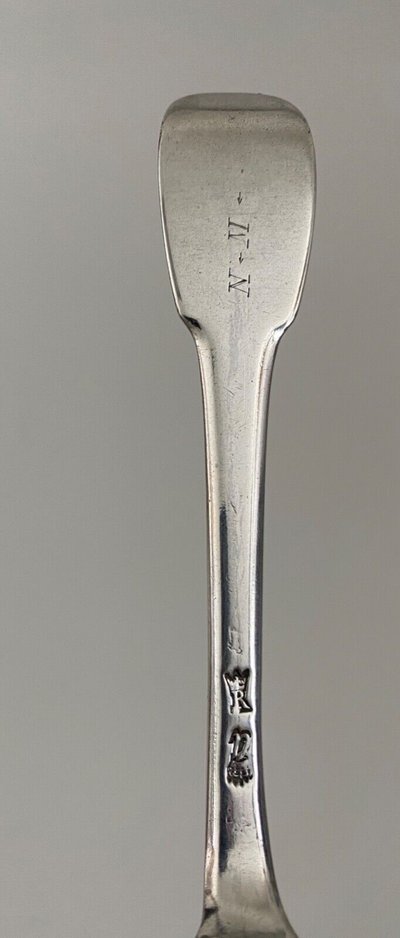 18th century silver stew spoon, Farmers General hallmarks NM 72 grams