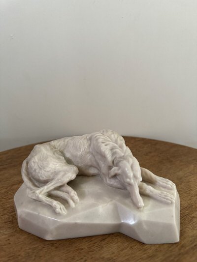 Clovis-Edmond Masson marble paperweight with sculpted greyhound decoration