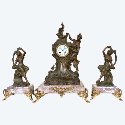 Garniture De Cheminée Art Nouveau En Marbre Et Régule - 1900