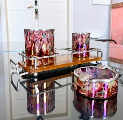 Set per fumatori in vetro iridescente - Stile modernista Art Déco - Vassoio in legno e metallo 