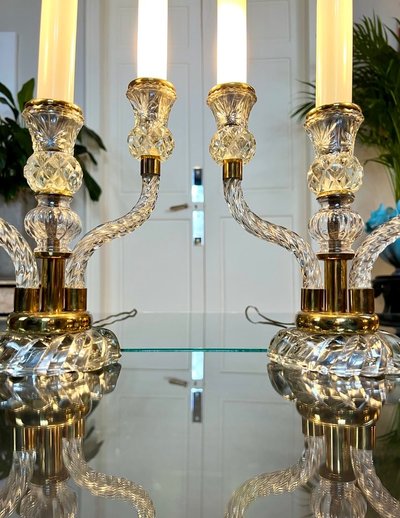 Pair of Table Lamps - Art Deco Glass Candelabras with Faux Opaline Candles