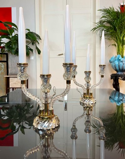 Coppia di lampade da tavolo - Candelabri in vetro Art Déco con candele finte opaline