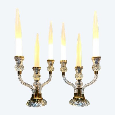 Pair of Table Lamps - Art Deco Glass Candelabras with Faux Opaline Candles