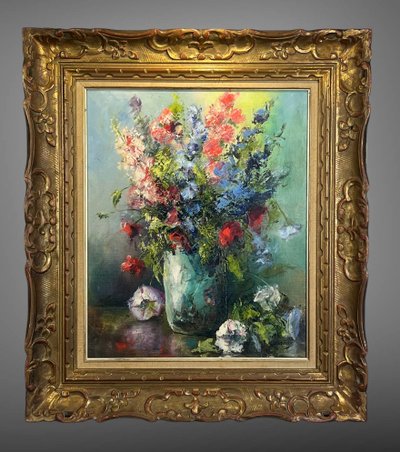 DIPINTO / PITTURA / OLIO SU TELA RAFFIGURANTE UN MAZZO DI FIORI INCORNICIATO