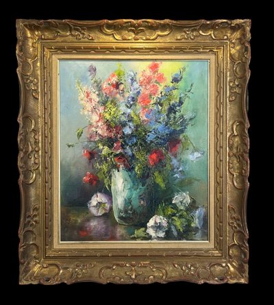 DIPINTO / PITTURA / OLIO SU TELA RAFFIGURANTE UN MAZZO DI FIORI INCORNICIATO