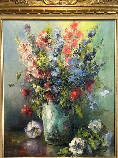 DIPINTO / PITTURA / OLIO SU TELA RAFFIGURANTE UN MAZZO DI FIORI INCORNICIATO