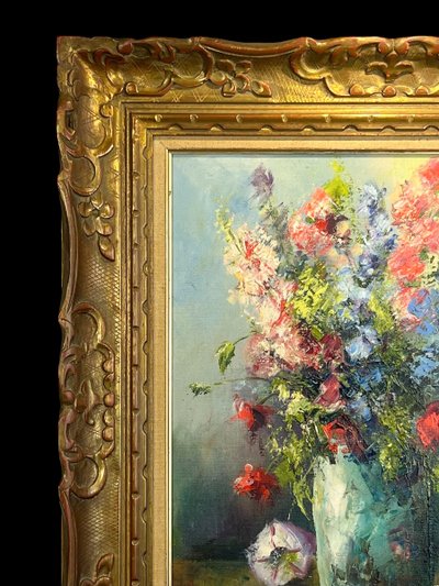 DIPINTO / PITTURA / OLIO SU TELA RAFFIGURANTE UN MAZZO DI FIORI INCORNICIATO