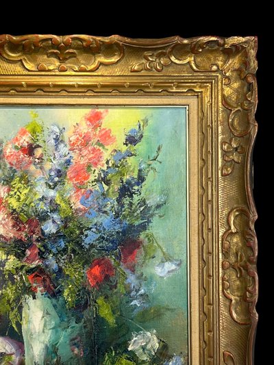 DIPINTO / PITTURA / OLIO SU TELA RAFFIGURANTE UN MAZZO DI FIORI INCORNICIATO