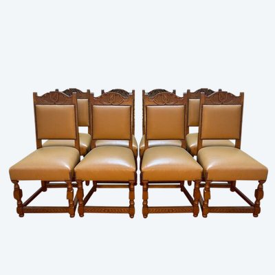 Suite of 8 Louis XIII style chairs - high leather era