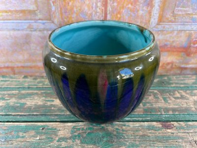 Ceramic planter signed Orchies – France, blue and green enamel