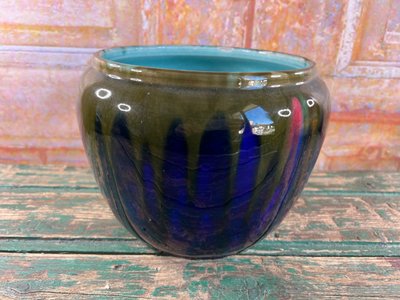 Ceramic planter signed Orchies – France, blue and green enamel