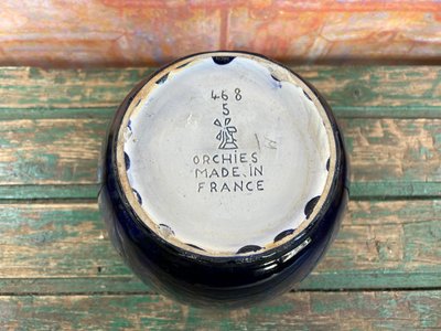 Vaso in ceramica firmato Orchies – Francia, smalto blu e verde