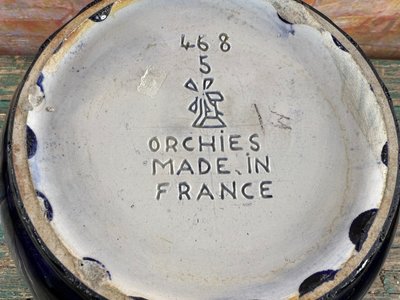 Cache-pot en céramique signé Orchies – France, émaillé bleu et vert