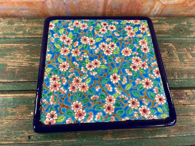 Longwy enamel trivet, floral motif, hand-decorated