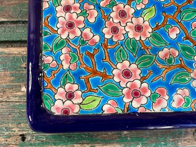 Longwy enamel trivet, floral motif, hand-decorated