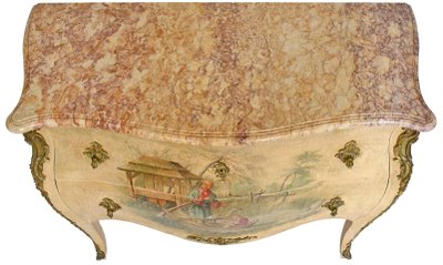 Louis XV style chest of drawers in lacquered wood with polychrome Chinese decoration on a beige background