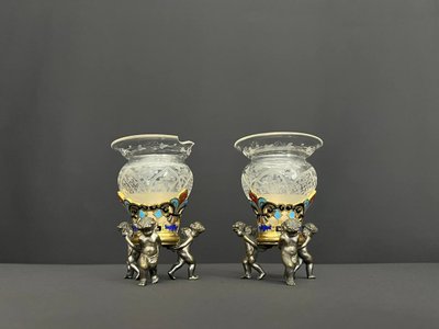 Pair of antique crystal and silver-plated bronze vases – eclectic style, late 19th – early 20th century