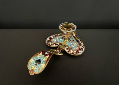 Antique candlestick in gilded bronze and cloisonné enamel, heart-shaped, Napoleon III style, late 19th century