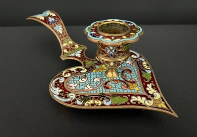 Antique candlestick in gilded bronze and cloisonné enamel, heart-shaped, Napoleon III style, late 19th century