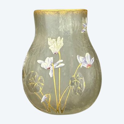 Antique hand-painted frosted glass vase - Art Nouveau style