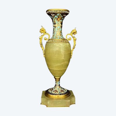 Antike Vase aus Onyx und vergoldeter Bronze mit Cloisonné-Emaille - Stil Napoleon III.