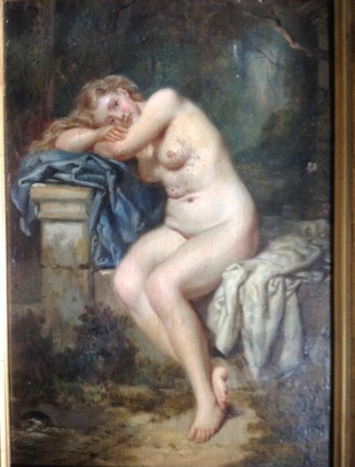 Olio su tavola firmato A. Lecaron raffigurante una giovane nuda su una panchina di pietra