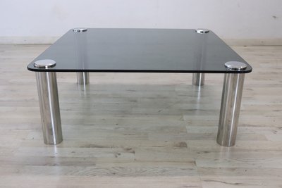 Table Basse Carrée En Métal Chromé Et Verre Fumé, 1970s