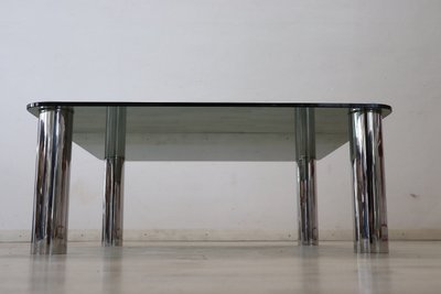 Table Basse Carrée En Métal Chromé Et Verre Fumé, 1970s